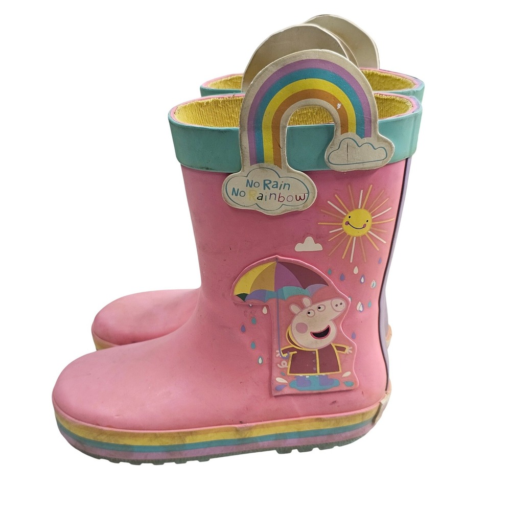 Peppa Pig Kids Pink Rainbow Rain Boots Waterproof Pull On Size 9-10